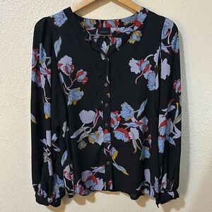 Who What Wear Navy Blue Floral Buttoned Blouse with Mandarin Collar